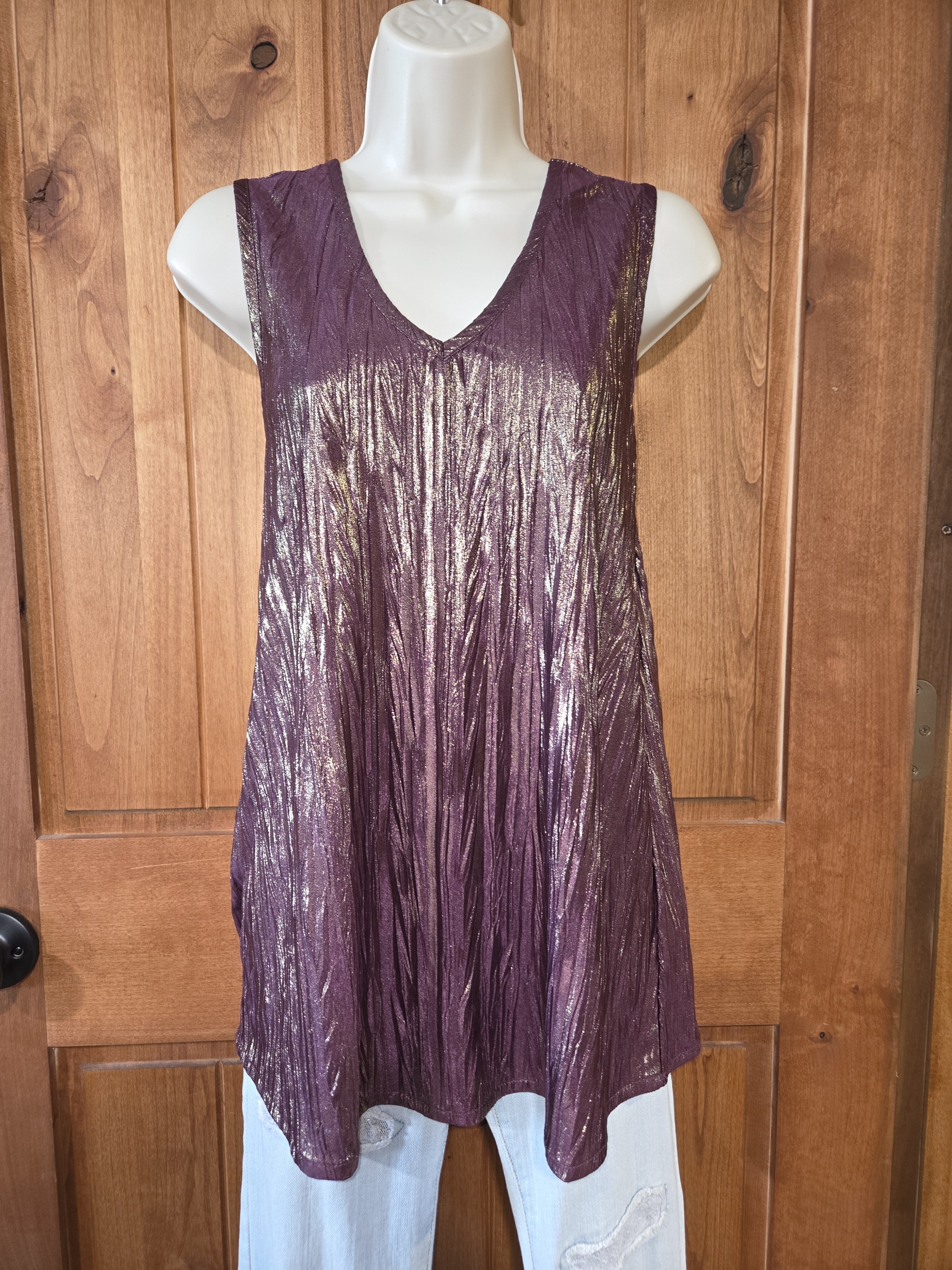 Susan Graver Sleeveless Metallic Plum V-Neck Tunic